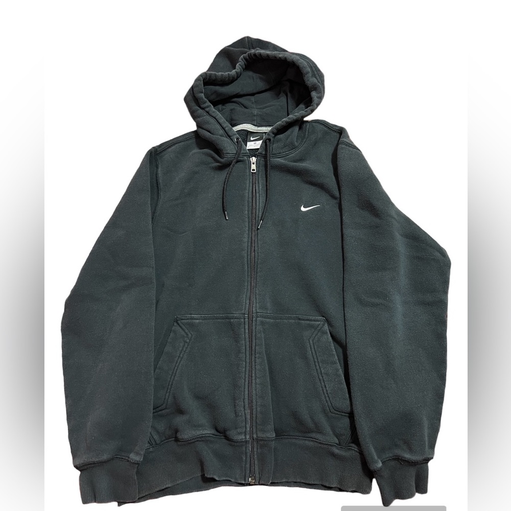 Vtg Nike Hoodie Mens Medium Faded Black Full Zip Sweatshirt Embroidered Logo Y2k